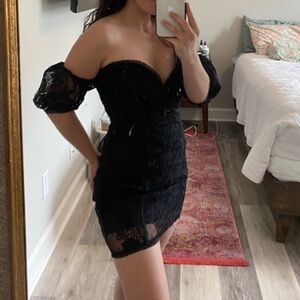 For Love & Lemons Azalea Lace Off The Shoulder Mini Dress - Black - NWT